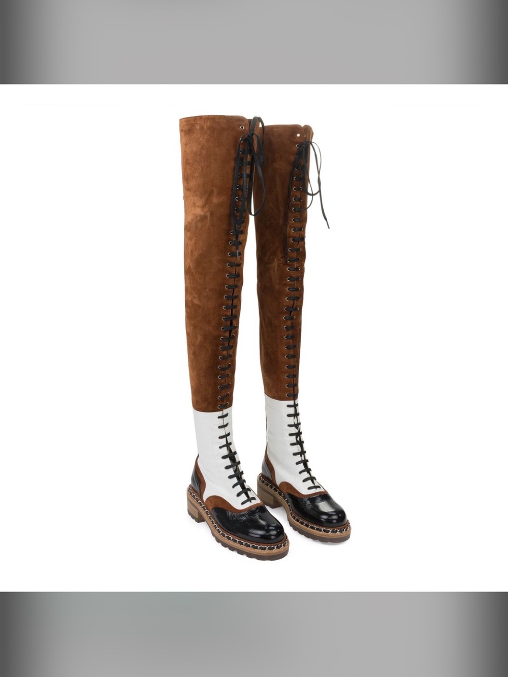 CHANEL Brown Suede, White & Black Lace-Up Over-the-Knee Boot…BNIB…NEVER WORN - Picture 5 of 10